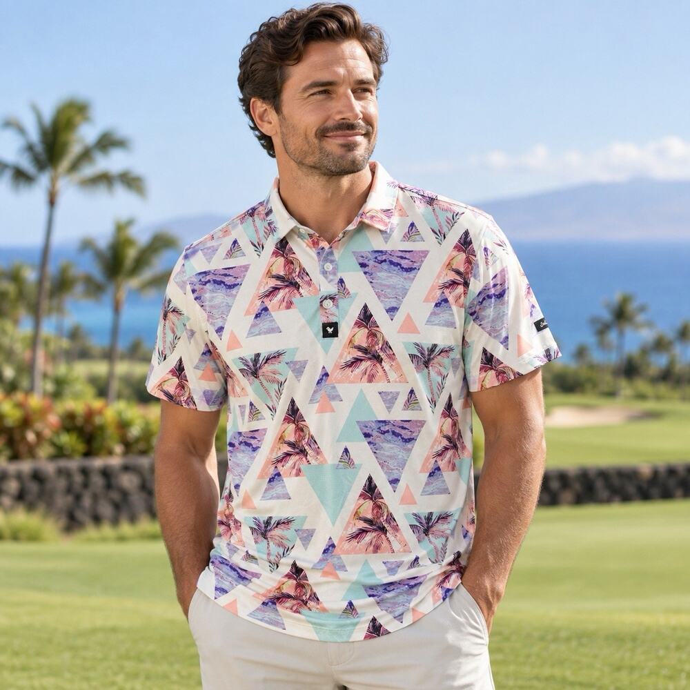 Bad Birdie Mens XL Cali Print Golf Polo Tropical Palm Trees Geometric Golfcore